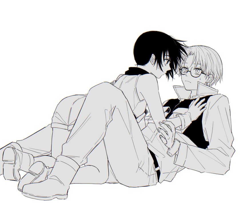 1boy, 1girl, bare_shoulders, black_hair, blonde_hair, boots, choujin_x, couple