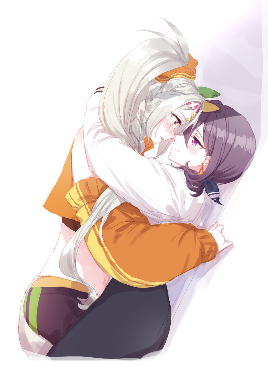 2girls, animal_ears, black_pants, blush, bow, braid, brown_hair, closed_mouth