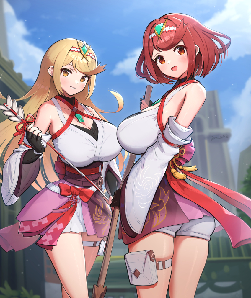2girls, absurdres, ass, bare_shoulders, breasts, broom, chest_jewel, chinese_knot