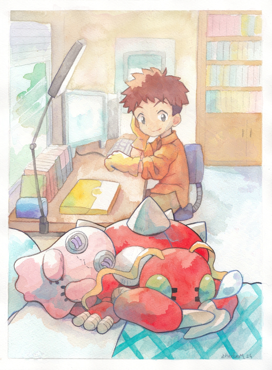 1boy, black_eyes, brown_hair, bug, chair, chibicheu, computer, digimon