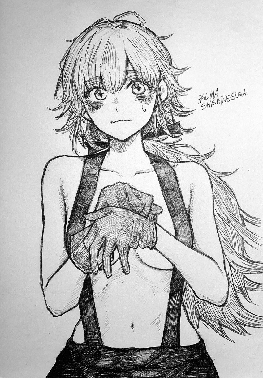 1girl, bags_under_eyes, black_gloves, black_ribbon, blonde_hair, blush, breasts, choujin_x, dirty, gloves, highres, long_hair, m4skedboi, medium_breasts, messy_hair, midriff, naked_overalls, nervous, overalls, ribbon, shishinegura_palma, sweatdrop, symbol-shaped_pupils