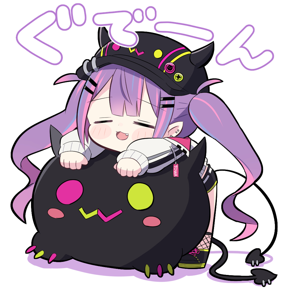 1girl, bibi_(tokoyami_towa), black_footwear, black_headwear, black_shorts, blush_stickers, chibi, clothes_writing