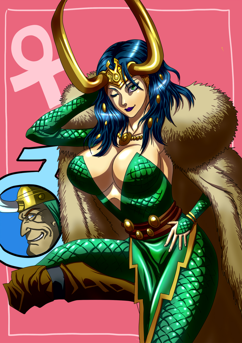 1girl, adjusting_hair, blue_eyes, blue_hair, breasts, cleavage, cloak, detached_sleeves, female_focus, genderswap, genderswap_(mtf), green_eyes, hair_ornament, headdress, helmet, highres, kaorun, large_breasts, loki_(marvel), long_hair, marvel, matching_hair/eyes, one_eye_closed, purple_lips, skin_tight, solo, wink