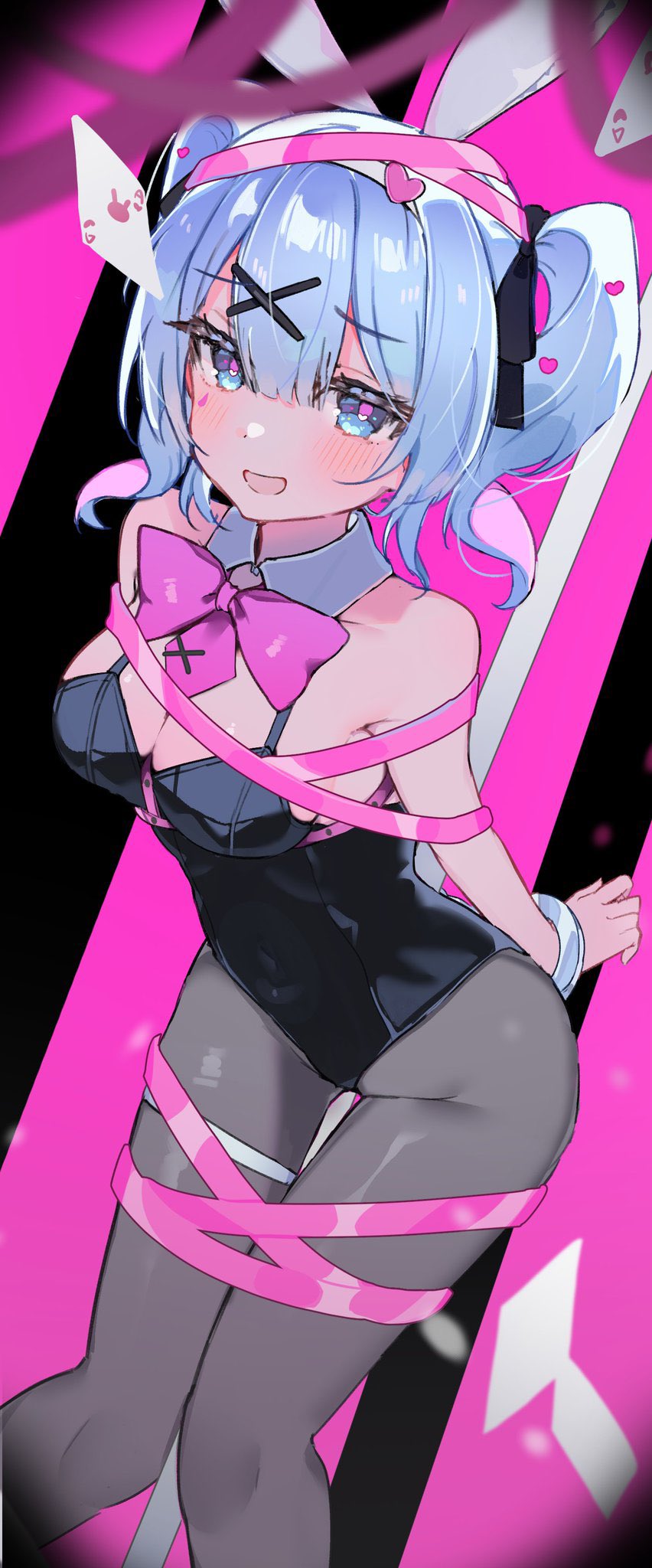 1girl, animal_ears, ao_kotoha, arms_behind_back, bare_shoulders, black_leotard, blue_eyes, blue_hair