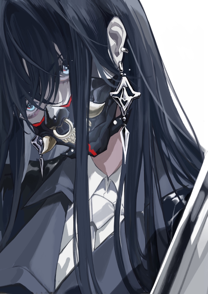 1girl, absurdres, aegyo_sal, black_hair, black_jacket, blue_eyes, collared_shirt, commentary