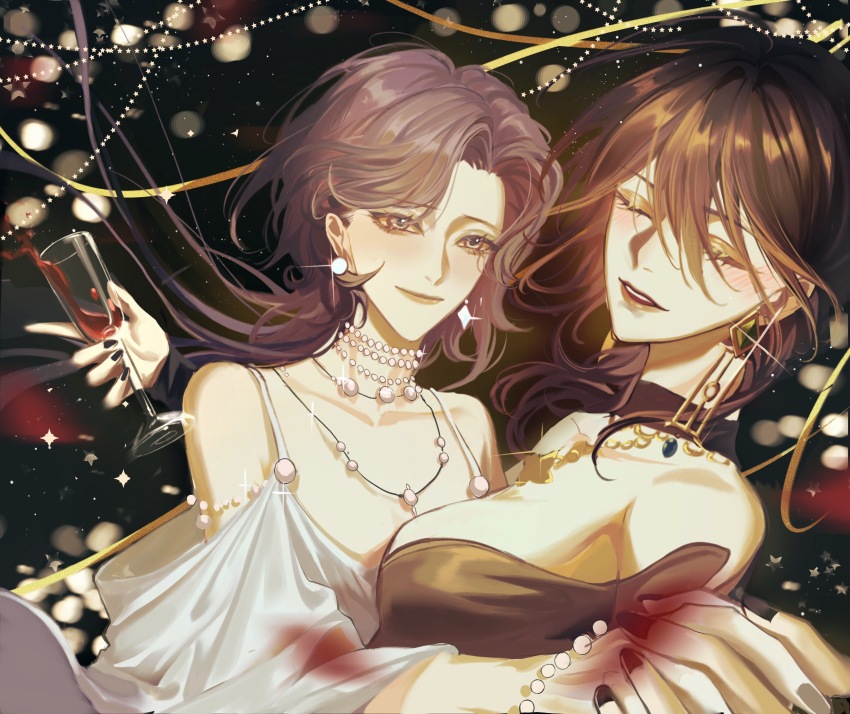 2girls, absurdres, alcohol, bare_shoulders, black_dress, black_hair, black_nails, blush