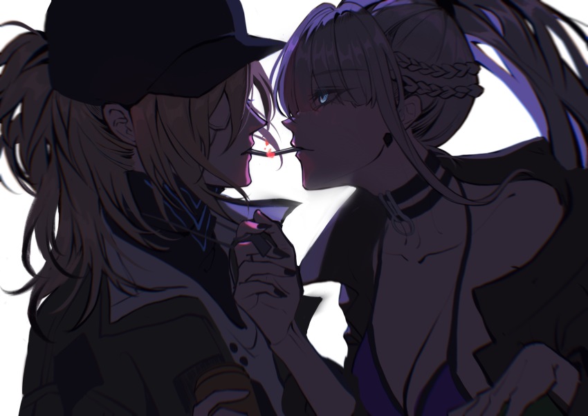 1boy, 1girl, absurdres, bai_yi_(path_to_nowhere), bandana, baseball_cap, black_bandana, black_choker