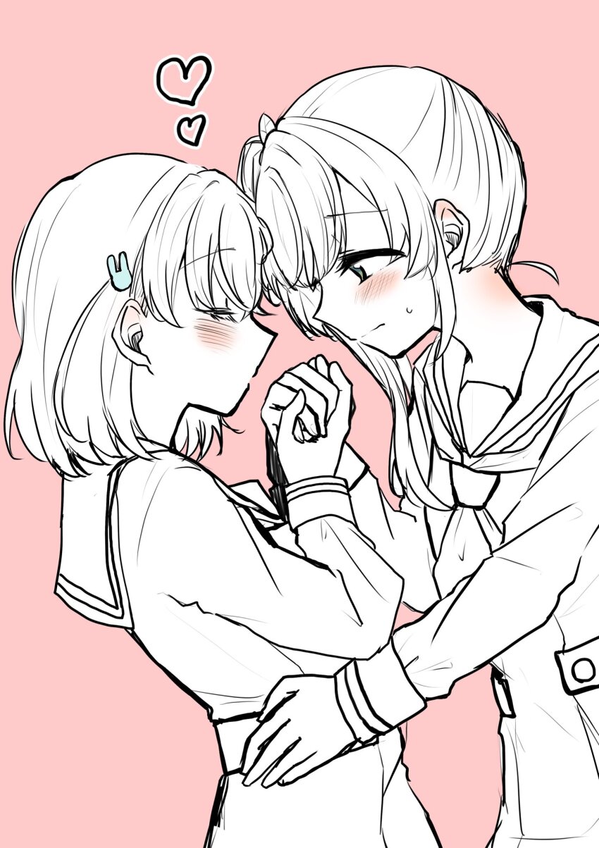 2girls, blush, cerise_bouquet, closed_eyes, dress, dutch_angle, ear_blush, facing_another