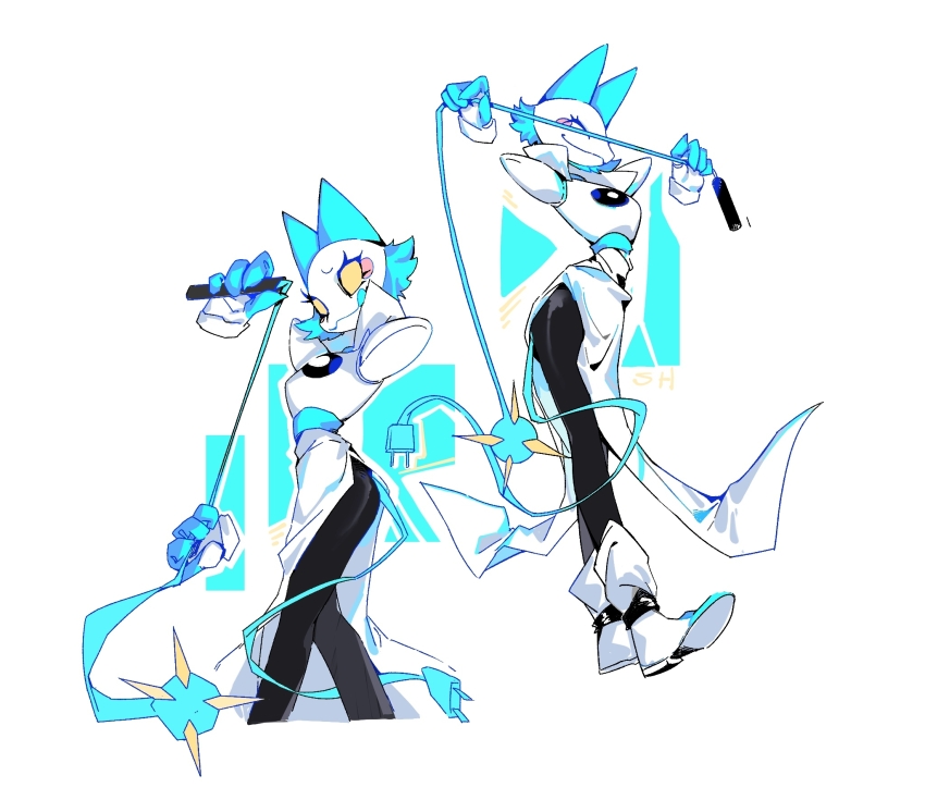 2girls, :q, ^_^, animal_ears, ankle_boots, black_pants, blank_eyes, blue_tongue, boots, cable, cat_ears, cat_girl, closed_eyes, colored_sclera, colored_tongue, cropped_legs, deltarune, disembodied_hand, facing_viewer, fewer_digits, flail, from_side, full_body, furry, furry_female, highres, holding, holding_cable, holding_flail, holding_weapon, multiple_girls, overskirt, pants, pelvic_curtain, robot, shan_hou, simple_background, skirt, smile, tasque_manager, tongue, tongue_out, utdr_(toby_fox), weapon, white_background, white_footwear, white_skirt, yellow_sclera