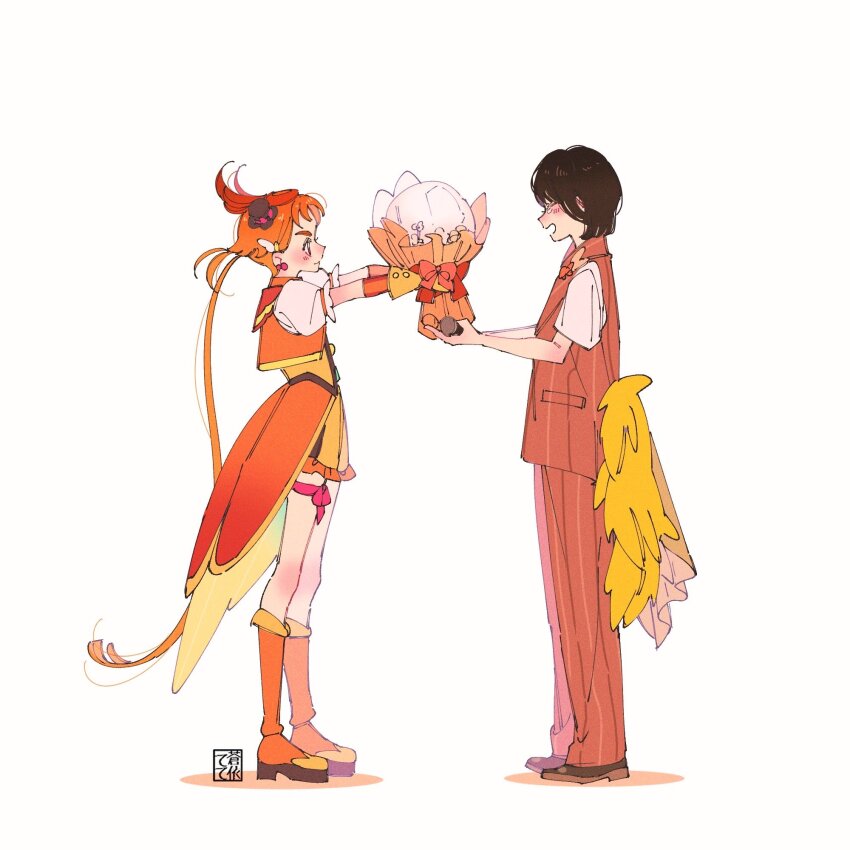 2boys, aoi_tete, black_hair, boots, bouquet, closed_eyes, closed_mouth, coattails