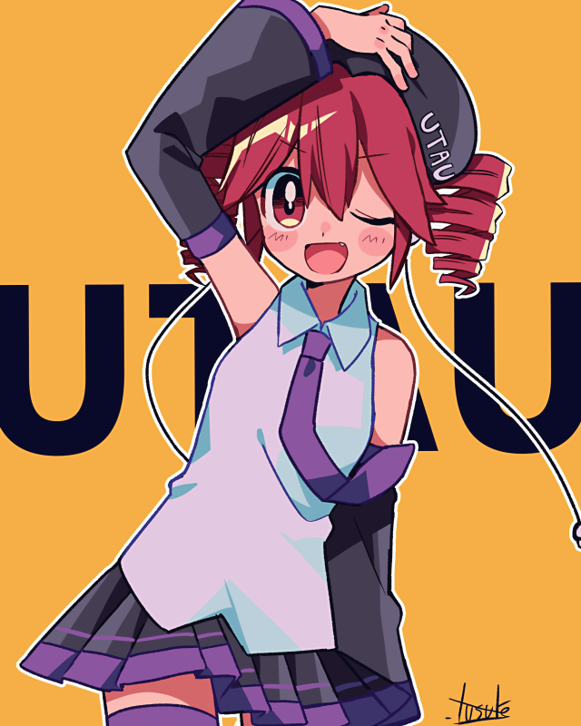 1girl, arm_at_side, arm_up, artist_name, bare_shoulders, beanie, black_hat, black_skirt