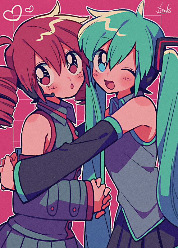 2girls, :o, ahoge, aqua_eyes, aqua_hair, aqua_trim, artist_name, bare_shoulders