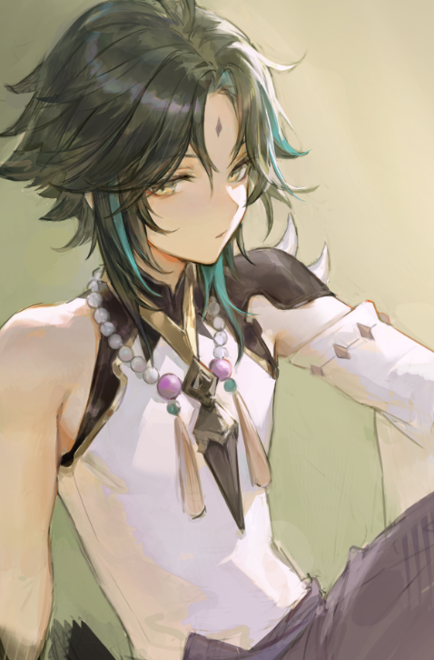 1boy, aamoooon_e, bead_necklace, beads, black_hair, blue_hair, closed_mouth, detached_sleeves