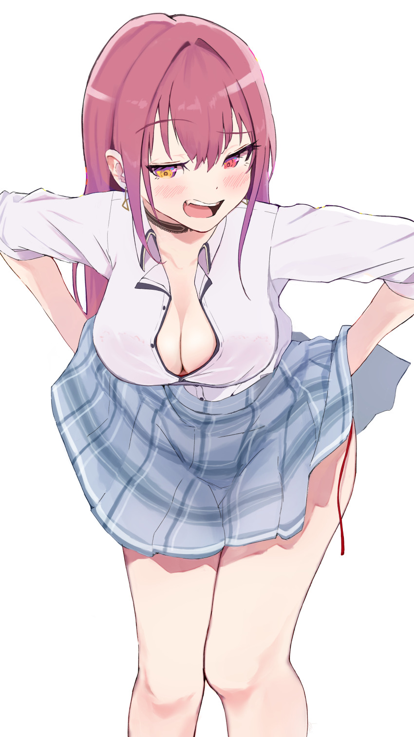 1girl, absurdres, blush, breasts, choker, cleavage, collarbone, commentary, earrings, fang, heterochromia, highres, hololive, houshou_marine, imazakey, jewelry, long_hair, looking_at_viewer, medium_breasts, open_mouth, simple_background, skirt, smile, solo, thighs, virtual_youtuber