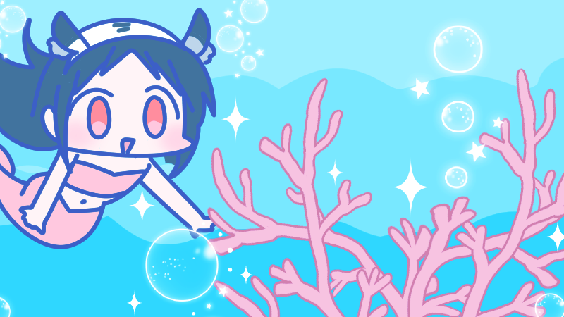 1girl, bicsim-tan, bikini, black_hair, bubble, chibi, coral, horns, long_hair, mermaid, monster_girl, naisen, navel, open_mouth, pink_bikini, pink_eyes, smile, sparkle, swimming, swimsuit, underwater, water