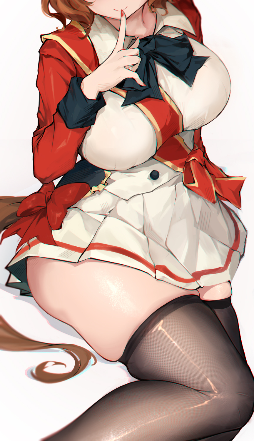 1girl, aston_machan_(flare)_(umamusume), aston_machan_(umamusume), black_bow, black_bowtie, black_thighhighs, bow, bowtie, breasts, brown_hair, chinese_commentary, closed_mouth, commentary_request, finger_to_mouth, fingernails, head_out_of_frame, hermityy, highres, horse_girl, horse_tail, index_finger_raised, large_breasts, long_sleeves, nail_polish, pleated_skirt, red_nails, short_hair, simple_background, sitting, skindentation, skirt, smile, solo, tail, thick_thighs, thighhighs, thighs, umamusume, white_background, white_skirt