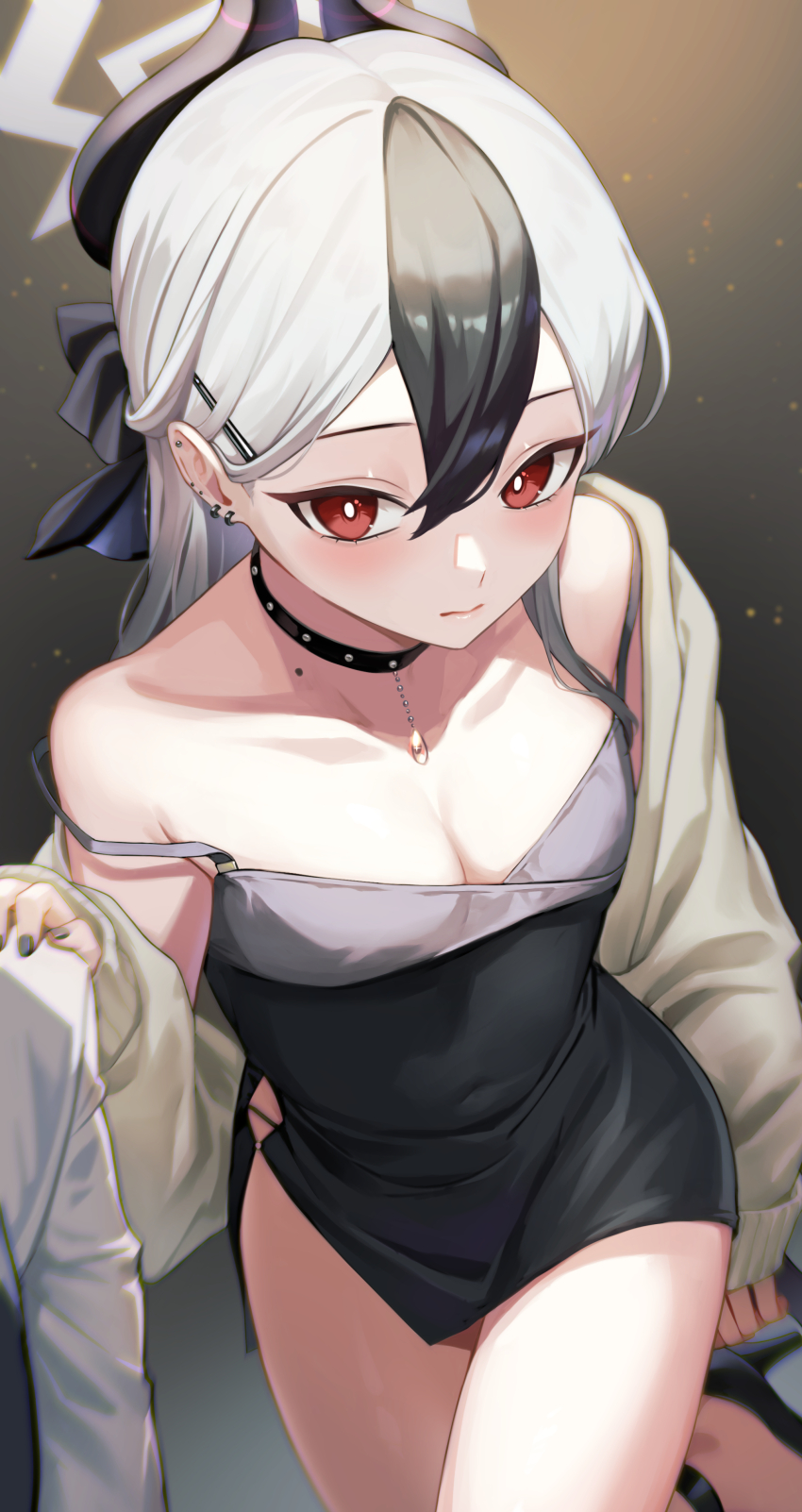 1girl, absurdres, bare_shoulders, black_background, black_choker, black_dress, black_footwear, black_hair, black_horns, black_nails, blue_archive, bright_pupils, choker, closed_mouth, collarbone, commentary, dress, fingernails, gradient_background, grey_halo, hair_between_eyes, halo, highres, horns, issa_(itcha_178), kayoko_(blue_archive), kayoko_(dress)_(blue_archive), long_hair, looking_at_viewer, mole, mole_on_neck, multicolored_hair, nail_polish, off_shoulder, official_alternate_costume, red_eyes, shoes, solo_focus, thighs, two-tone_hair, white_hair, white_pupils