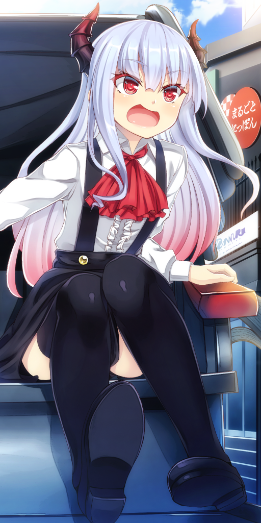1girl, aruko_(marco_to_ginga_ryuu), ascot, horns, long_sleeves, marco_to_ginga_ryuu, multicolored_hair, non-web_source, red_eyes, shirt, skirt, smile, source_request, suspender_skirt, suspenders, thighhighs, white_hair, white_shirt