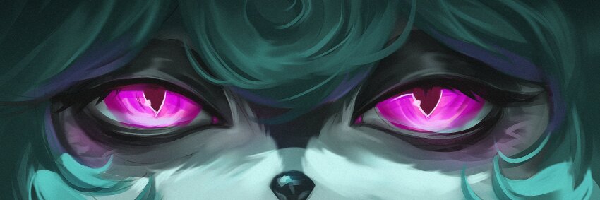 1girl, close-up, eye_banner_(trend), eye_focus, glowing, glowing_eyes, green_hair, highres, league_of_legends, looking_at_viewer, pale_skin, pink_eyes, straight-on, timo_(timotimo628), vex_(league_of_legends), yordle