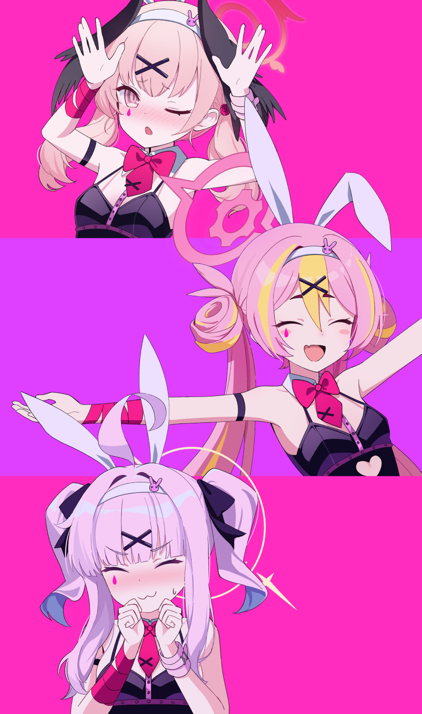 3girls, :3, absurdres, alternate_hairstyle, animal_ears, black_leotard, black_ribbon, black_wings