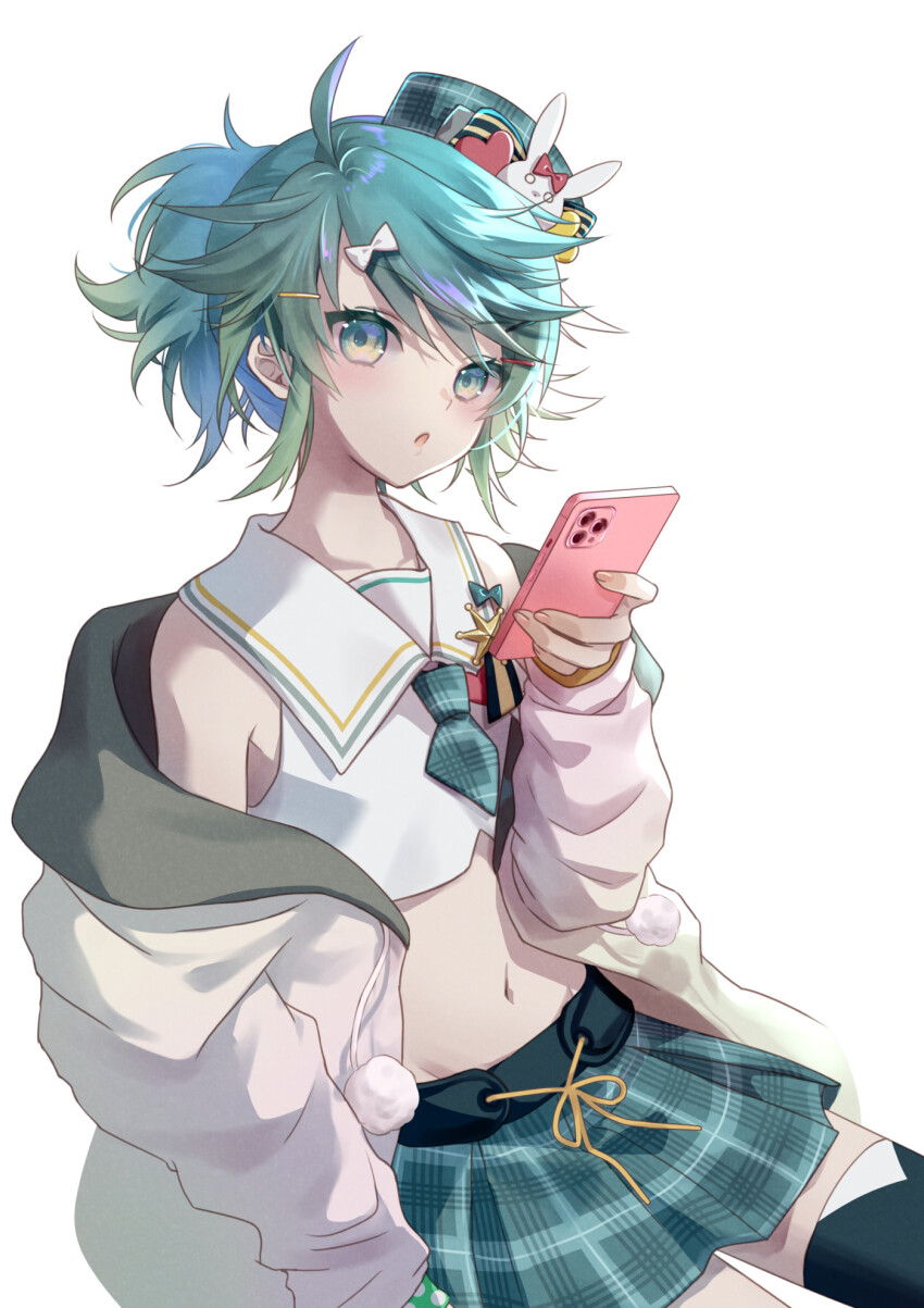 1boy, ahoge, aqua_eyes, aqua_hair, blush, crop_top, crossdressing, crossdressing_(mtf)