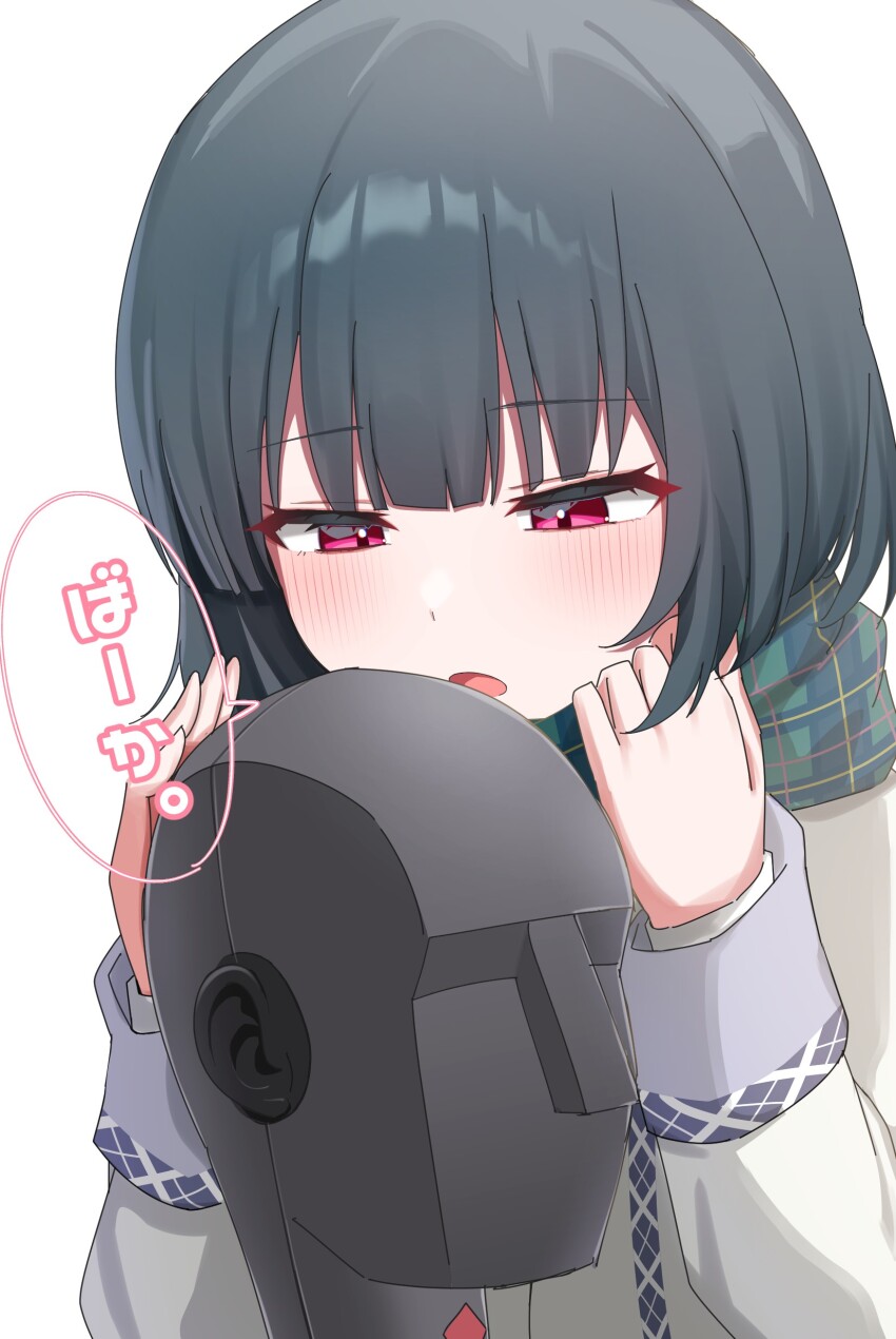 1girl, absurdres, adjusting_scarf, aihara_tsubaki, binaural_microphone, blush, coat, commentary