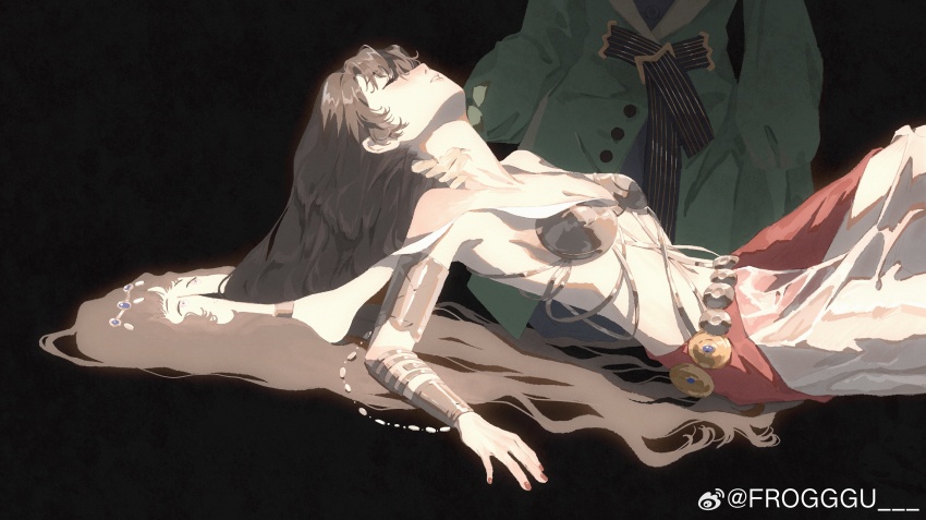 2girls, absurdres, armlet, armor, bikini_armor, black_background, black_hair, breasts, cleavage, closed_eyes, cowboy_shot, frogggu, green_jacket, hair_spread_out, hand_on_another's_neck, head_out_of_frame, highres, isolde_(reverse:1999), jacket, jewelry, kakania_(reverse:1999), kneeling, long_hair, lying, medium_breasts, multiple_girls, on_back, parted_lips, red_skirt, reverse:1999, skinsuit, skirt, solo_focus, watermark, weibo_watermark