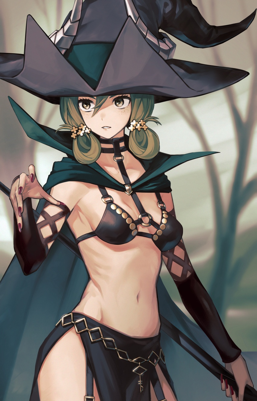 1girl, absurdres, anui, breasts, bridal_gauntlets, character_request, cloak, commentary_request, eyelashes, fake_horns, fantasy, green_cloak, green_eyes, green_hair, hat, highres, holding, holding_weapon, horned_headwear, horns, long_hair, looking_ahead, medium_breasts, midriff, nail_polish, navel, o-ring_strap, red_nails, side_slit, sideboob, skirt, solo, standing, unicorn_overlord, upper_body, weapon, witch_hat, yahna_(unicorn_overlord)