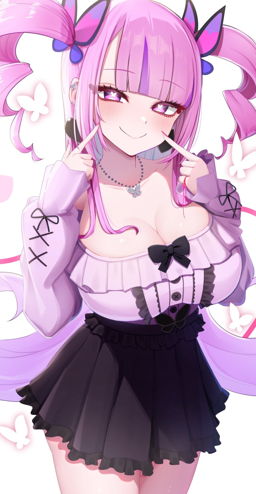 1girl, absurdres, alternate_costume, black_bow, black_skirt, blunt_bangs, blush, bombergirl