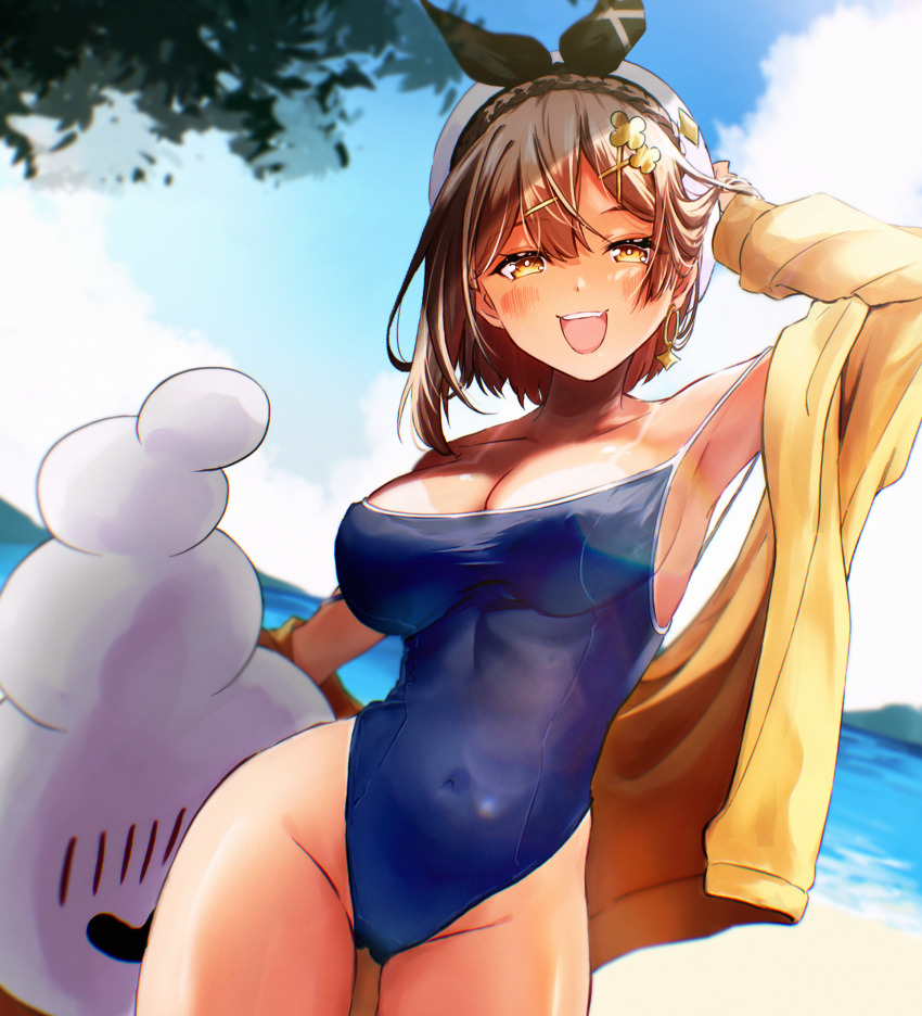 1girl, adjusting_hair, arm_up, atelier_(series), atelier_ryza, beach, blue_sky, blush, braid, breasts, brown_eyes, brown_hair, cameltoe, cleavage, commentary_request, competition_school_swimsuit, covered_erect_nipples, covered_navel, crown_braid, earrings, facing_viewer, hair_ornament, hairpin, happy, highleg, highleg_one-piece_swimsuit, highres, jewelry, kitsune_yuki, large_breasts, looking_at_viewer, multiple_hairpins, ocean, off_shoulder, one-piece_swimsuit, open_mouth, reisalin_stout, school_swimsuit, shiny_skin, short_hair, sideboob, sky, summer, swimsuit, tan, tanline, thighs, upper_body