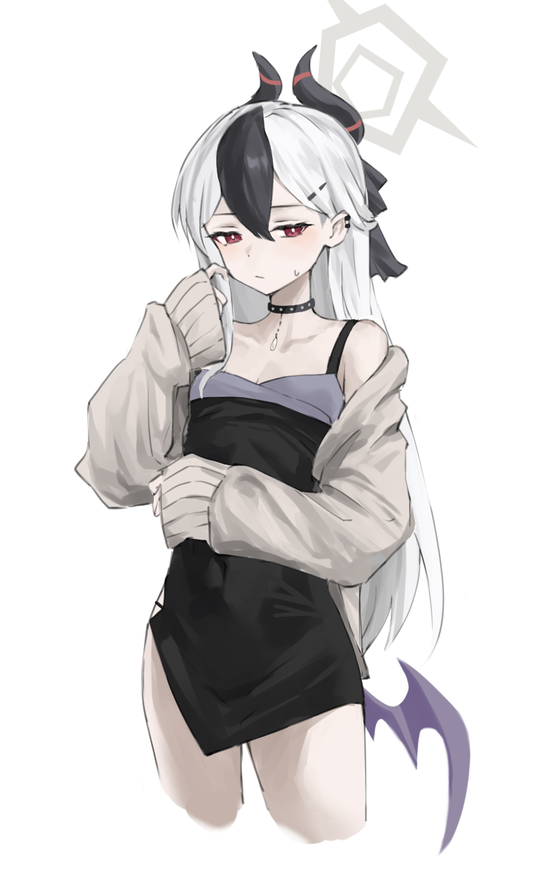 1girl, black_choker, black_dress, black_hair, black_ribbon, blue_archive, blush, brown_cardigan