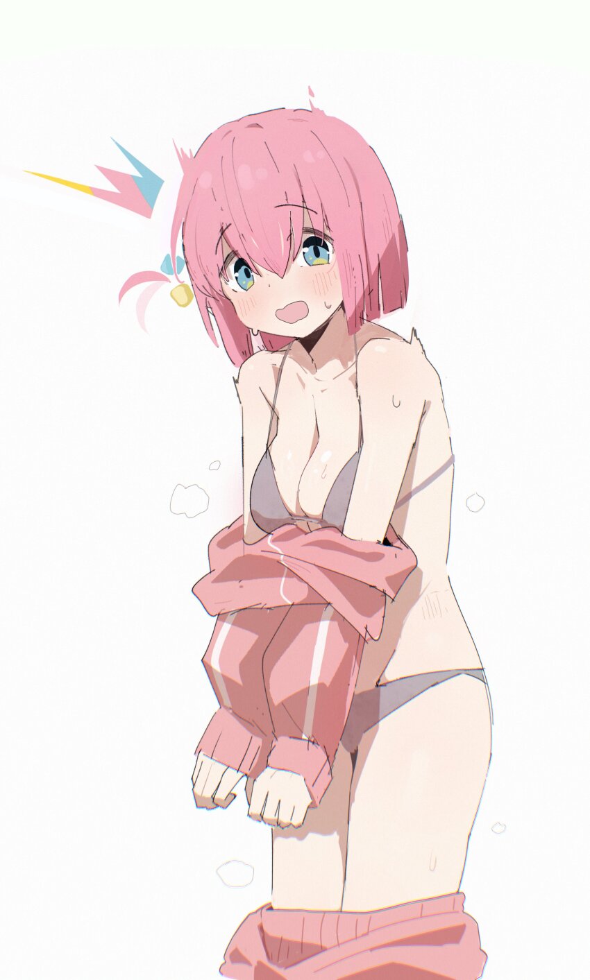 1girl, ^^^, absurdres, alternate_hairstyle, bare_shoulders, blue_eyes, blush, bocchi_the_rock!