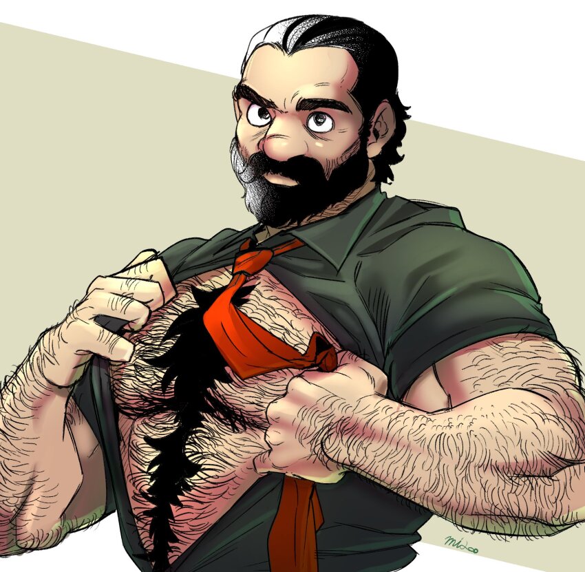 1boy, alternate_costume, alternate_hair_length, alternate_hairstyle, bara, bare_pectorals, beard, beard_stubble
