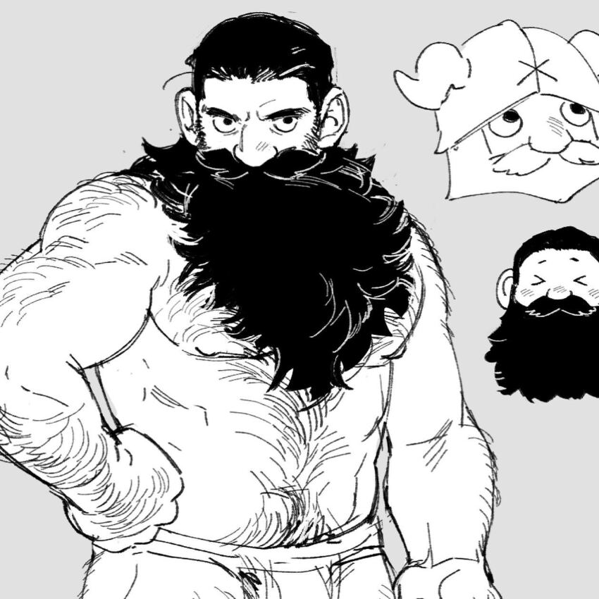 >_<, 1boy, alternate_species, bara, beard, large_nose, blush, collage