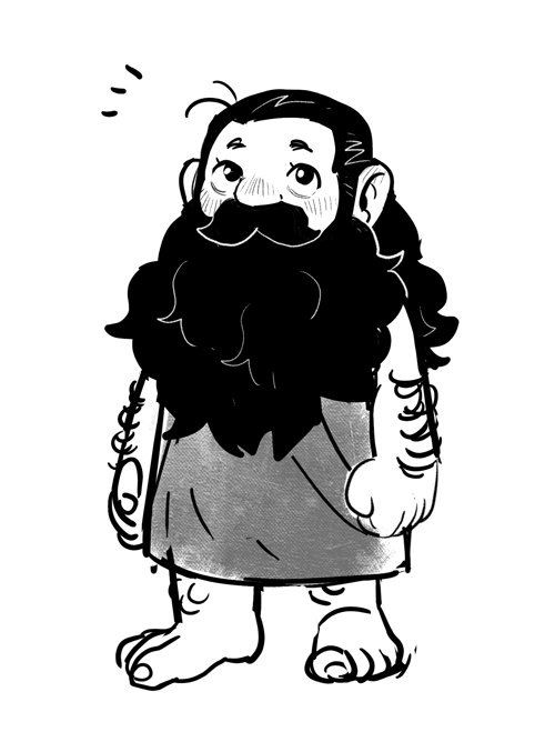 1boy, alternate_species, barefoot, beard, beard_over_mouth, deformed, dungeon_meshi, facial_hair