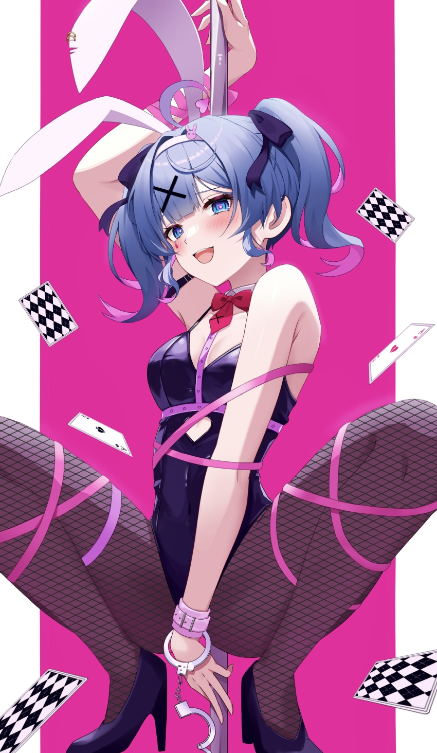 1girl, :d, absurdres, animal_ear_hairband, animal_ears, armband, armpit_crease, black_armband