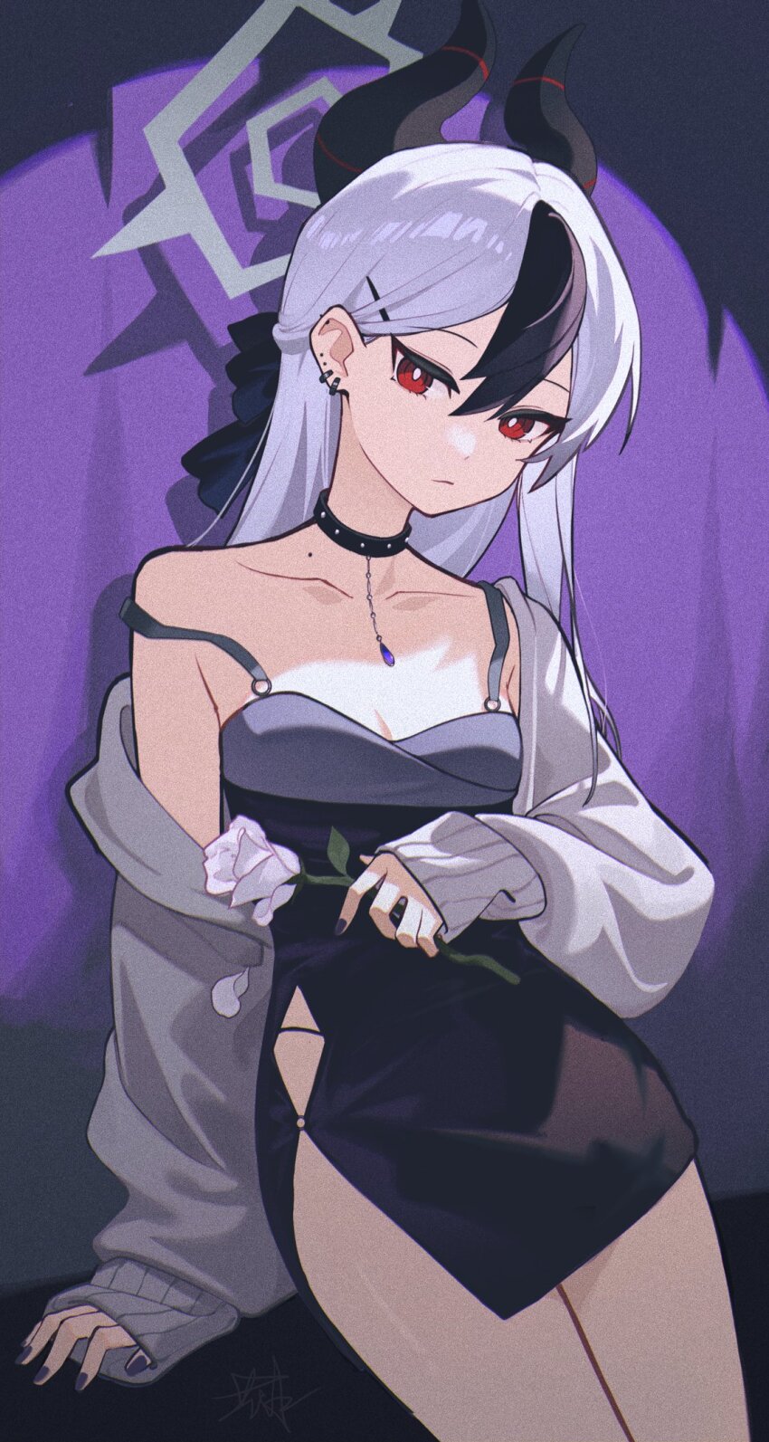 1girl, arm_support, black_bow, black_choker, black_dress, black_hair, black_nails, blue_archive