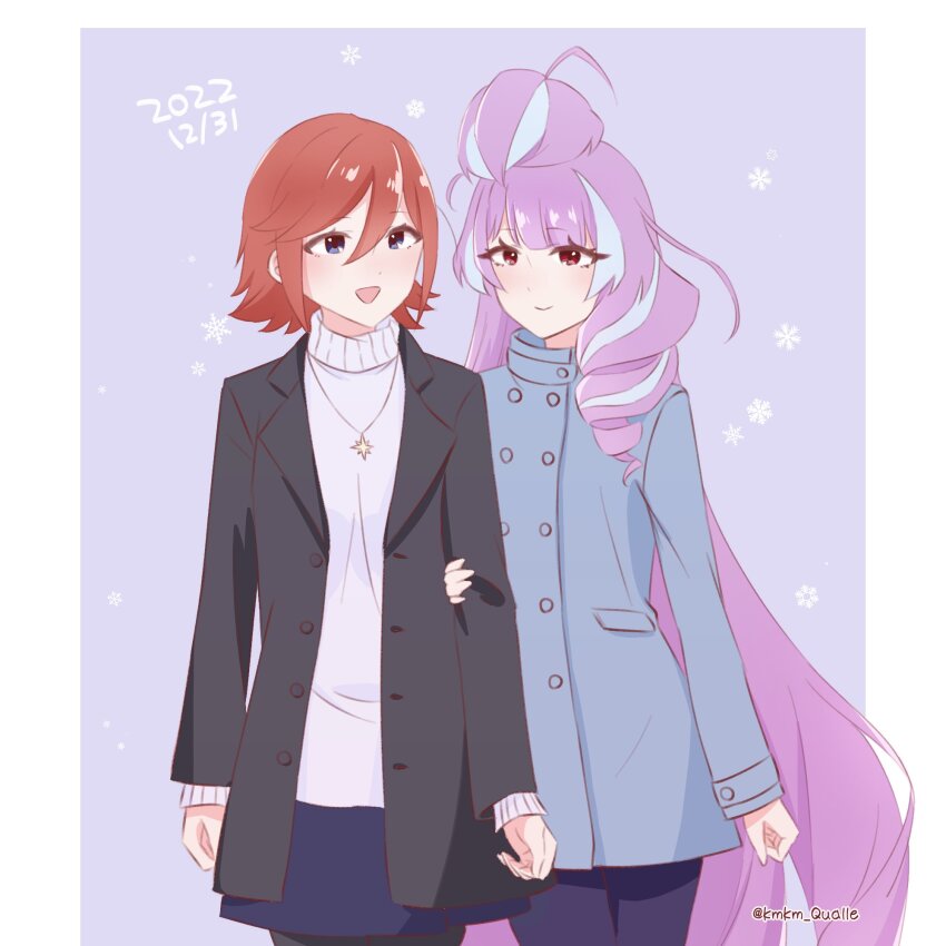 2girls, black_jacket, blue_eyes, blue_jacket, blue_pants, blue_skirt, brown_hair, dated