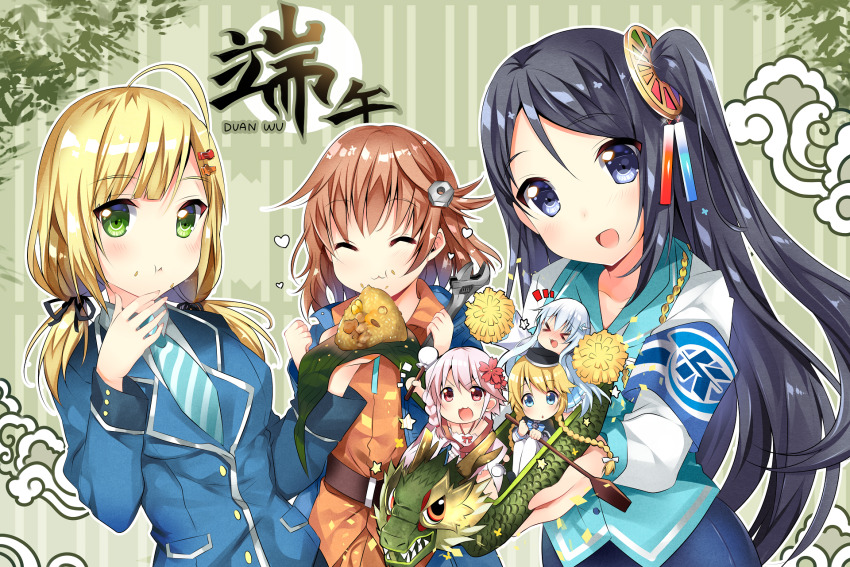 >_<, 6+girls, :d, :o, ^_^, adjustable_wrench, ahoge, aiguillette