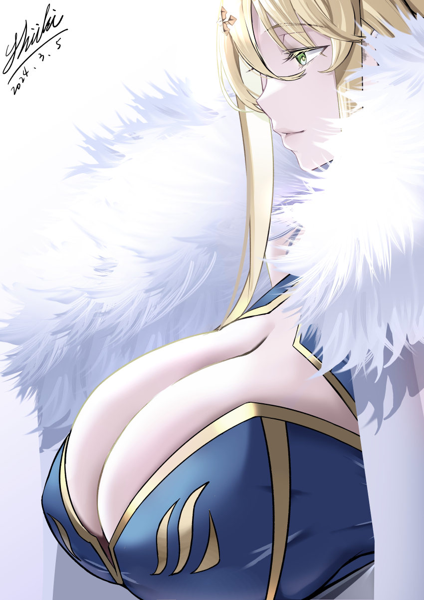 1girl, absurdres, artoria_pendragon_(fate), artoria_pendragon_(lancer)_(fate), blonde_hair, blue_leotard, breasts, cape