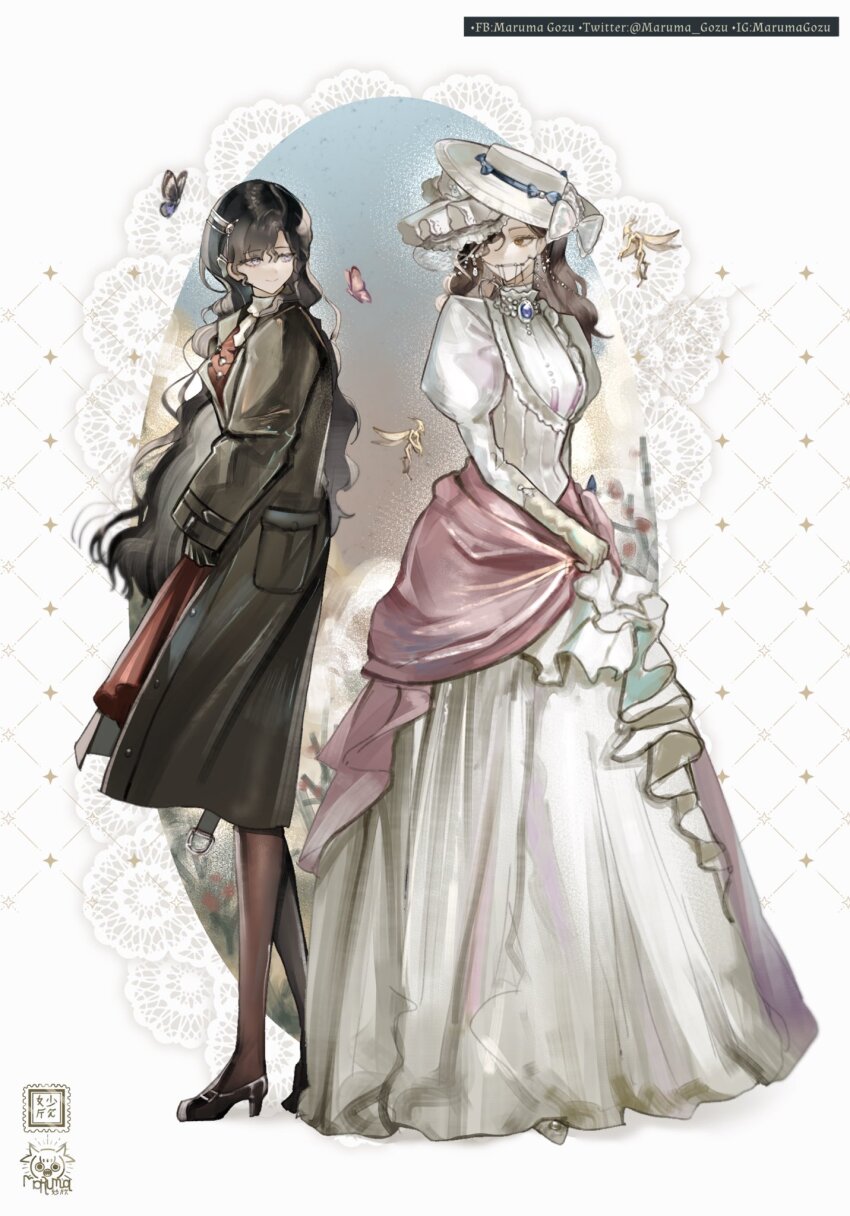 2girls, artist_logo, artist_name, black_coat, black_footwear, black_hair, black_pantyhose, bow