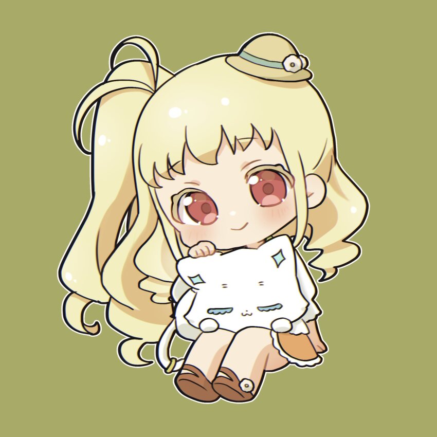 1girl, :3, animal, animal_on_lap, blonde_hair, brown_shoes, cat, chibi