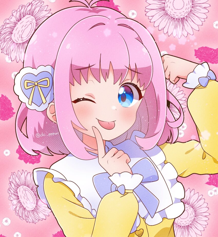 1girl, ;p, amauri_miruki, antenna_hair, blue_eyes, blush, chii_(chi_pppuri), closed_mouth, commentary_request, dojikko_pose, floral_background, flower, frilled_shirt_collar, frills, hair_ornament, hands_up, heart, heart_hair_ornament, highres, index_finger_raised, kawaikute_gomen_(honeyworks), long_sleeves, looking_at_viewer, one_eye_closed, parody, pink_background, pink_flower, pink_hair, pose_imitation, pretty_series, shirt, short_hair, smile, solo, tehepero, tongue, tongue_out, upper_body, waccha_primagi!, yellow_shirt