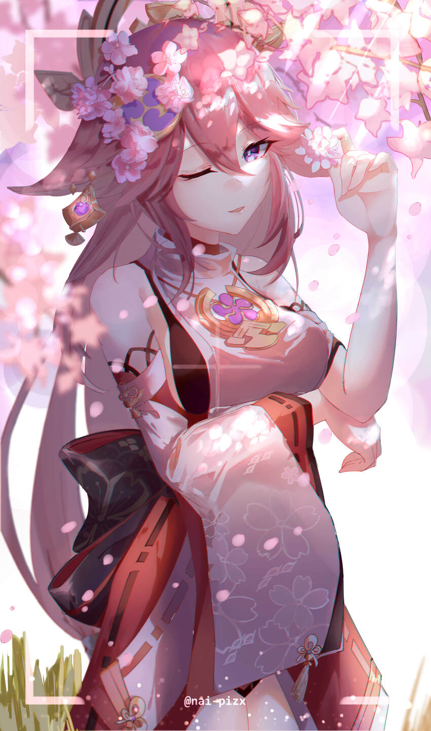 1girl, absurdres, arm_under_breasts, arm_up, blush, branch, breasts, cherry_blossoms, closed_mouth, commentary, detached_sleeves, feet_out_of_frame, floral_print, flower, genshin_impact, grass, hair_between_eyes, hair_flaps, hair_ornament, headgear, highres, holding, holding_flower, japanese_clothes, jewelry, long_hair, looking_at_viewer, medium_breasts, nai_pizx, necklace, nontraditional_miko, one_eye_closed, parted_lips, pink_hair, print_sleeves, purple_eyes, ribbon-trimmed_sleeves, ribbon_trim, simple_background, solo, standing, tassel, turtleneck, twitter_username, very_long_hair, vision_(genshin_impact), white_background, white_flower, wide_sleeves, yae_miko