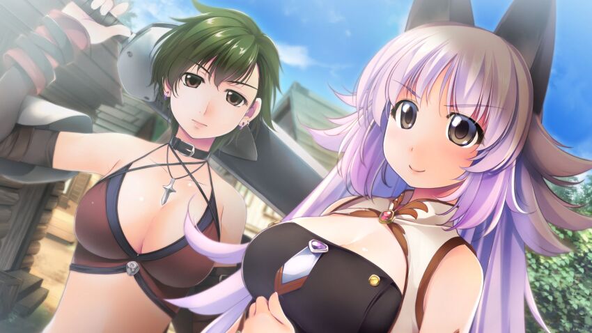 2girls, animal_ears, atelier-moo, bare_shoulders, bikini, breasts, brown_eyes, collar, detached_sleeves, green_hair, grey_eyes, hair_between_eyes, highres, holding, holding_sword, holding_weapon, jewelry, large_breasts, long_hair, long_sideburns, mana(our_battle_has_just_begun!), multiple_girls, necklace, our_battle_has_just_begun!, short_hair, sideburns, smile, standing, swimsuit, sword, taylor(our_battle_has_just_begun!), town, weapon, wolf_ears, wolf_girl