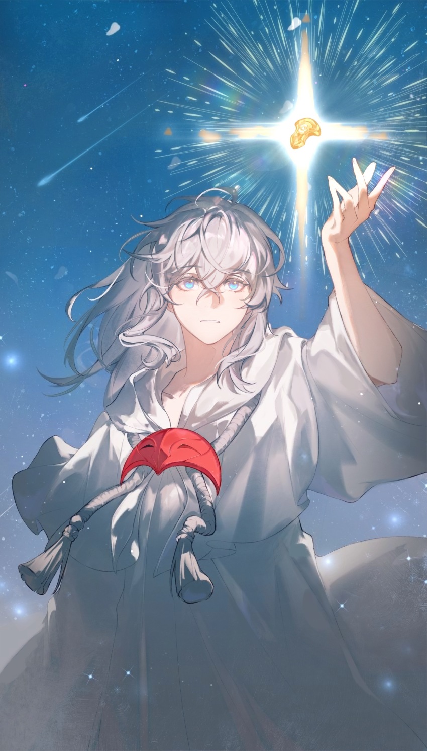 1boy, absurdres, androgynous, bishounen, blue_eyes, blue_sky, capelet, constellation_crystal_(ff14)