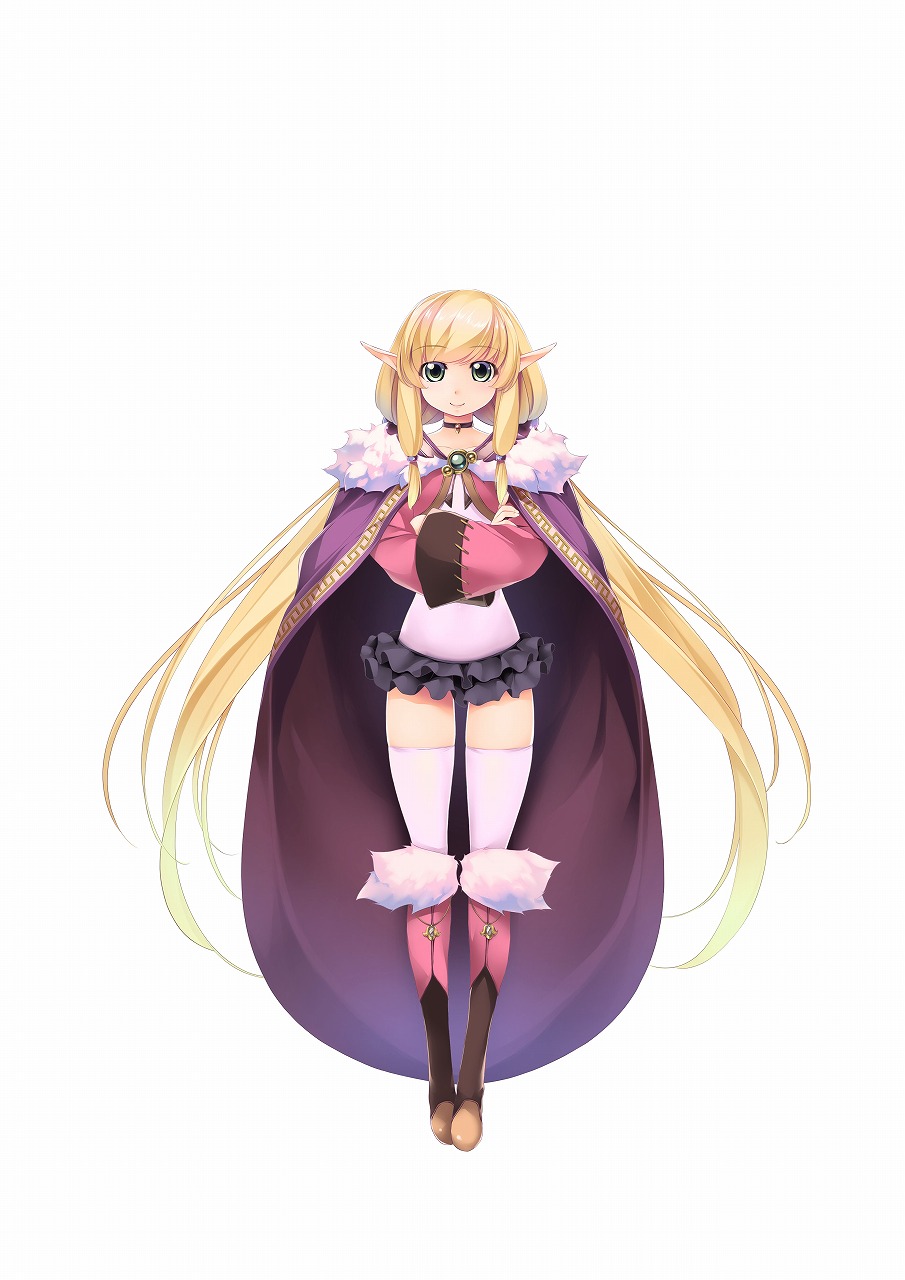 1girl, atelier-moo, blonde_hair, boots, cloak, closed_mouth, elf, full_body