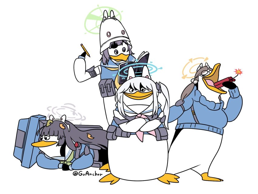 animal_ears, autumn_leaves, belt_pouch, bird, black_eyes, blue_archive, blue_halo, blue_sailor_collar, blue_serafuku, blue_sweater, book, combat_helmet, commentary_request, cosplay, crossed_arms, crossover, dynamite, eating, elbow_pads, explosive, fake_animal_ears, glasses, goanchor, green_halo, green_neckerchief, grey_halo, hair_ornament, halo, helmet, highres, hime_cut, holding, holding_book, holding_pencil, kowalski_(madagascar), leaf, light_brown_hair, long_hair, low_twintails, lying, madagascar_(series), miyako_(blue_archive), miyako_(blue_archive)_(cosplay), miyu_(blue_archive), miyu_(blue_archive)_(cosplay), moe_(blue_archive), moe_(blue_archive)_(cosplay), neckerchief, no_humans, on_stomach, one_side_up, pencil, penguin, pink_neckerchief, pom_pom_(clothes), pom_pom_hair_ornament, pouch, private_(madagascar), purple_hair, rabbit_ears, rabbit_platoon_(blue_archive), rico_(madagascar), round_eyewear, sailor_collar, saki_(blue_archive), saki_(blue_archive)_(cosplay), school_uniform, serafuku, short_hair, sidelocks, simple_background, skipper_(madagascar), smile, solid_circle_pupils, stahlhelm, standing, sweater, twintails, twitter_username, white_background, white_hair, white_sailor_collar, yellow_halo