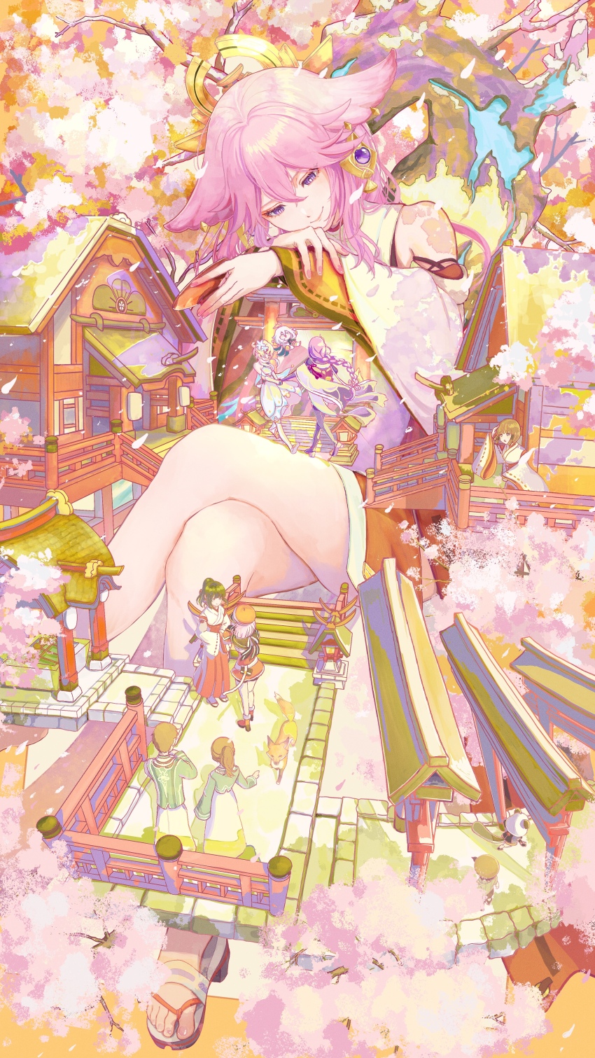 2boys, 6+girls, absurdres, animal_ear_piercing, animal_ears, bare_shoulders, charlotte_(genshin_impact), cherry_blossoms
