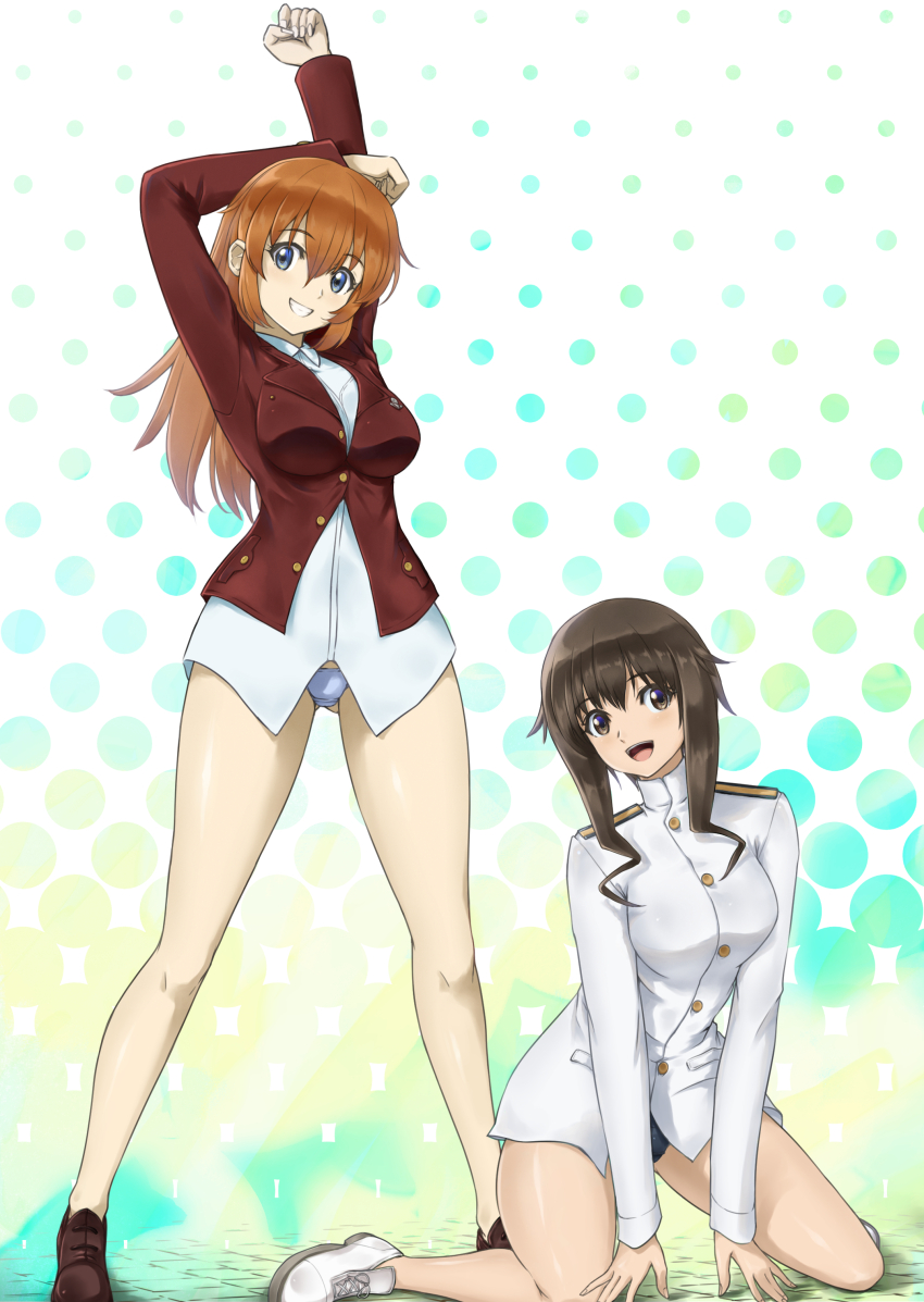 2girls, absurdres, blue_eyes, blush, breasts, brown_eyes, brown_hair, charlotte_e._yeager